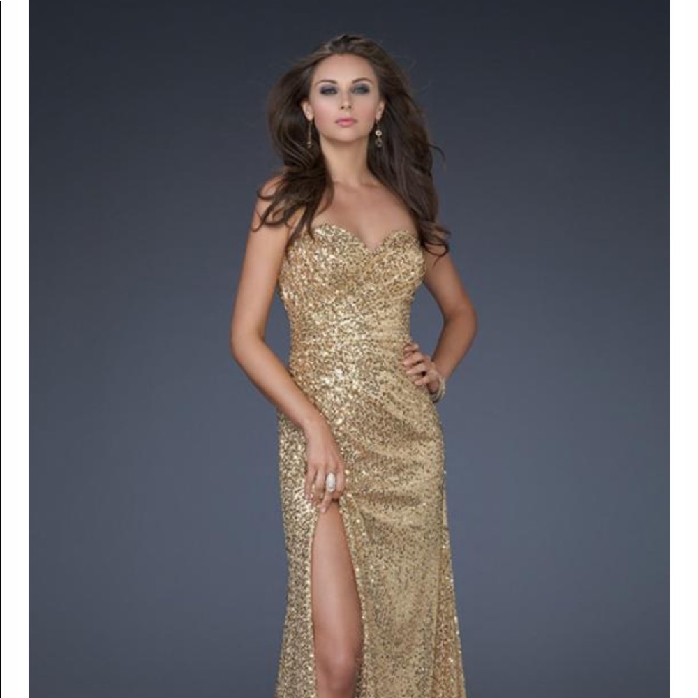 La Femme gold sequin formal dress